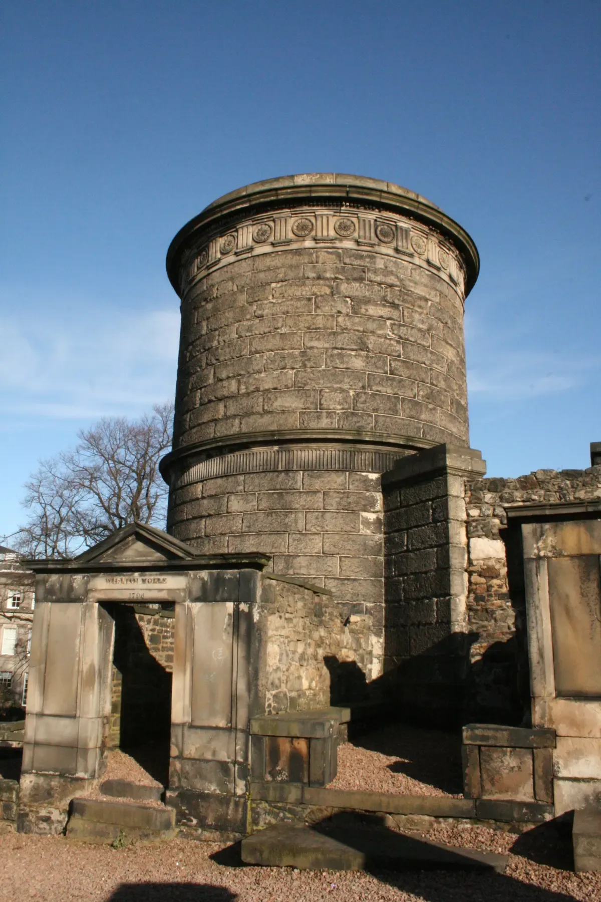 David Hume's round mausoleum in Old Calton Burial Ground, passed on Edinburgh ghost tours, Scotland