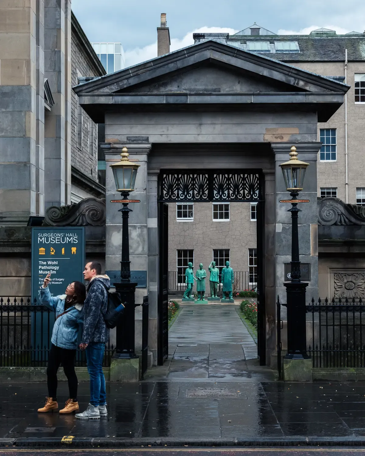 The columned entrance of Surgeons' Hall on Nicolson Street, linked to the Burke and Hare story, Edinburgh ghost tours, Edinburgh, Scotland